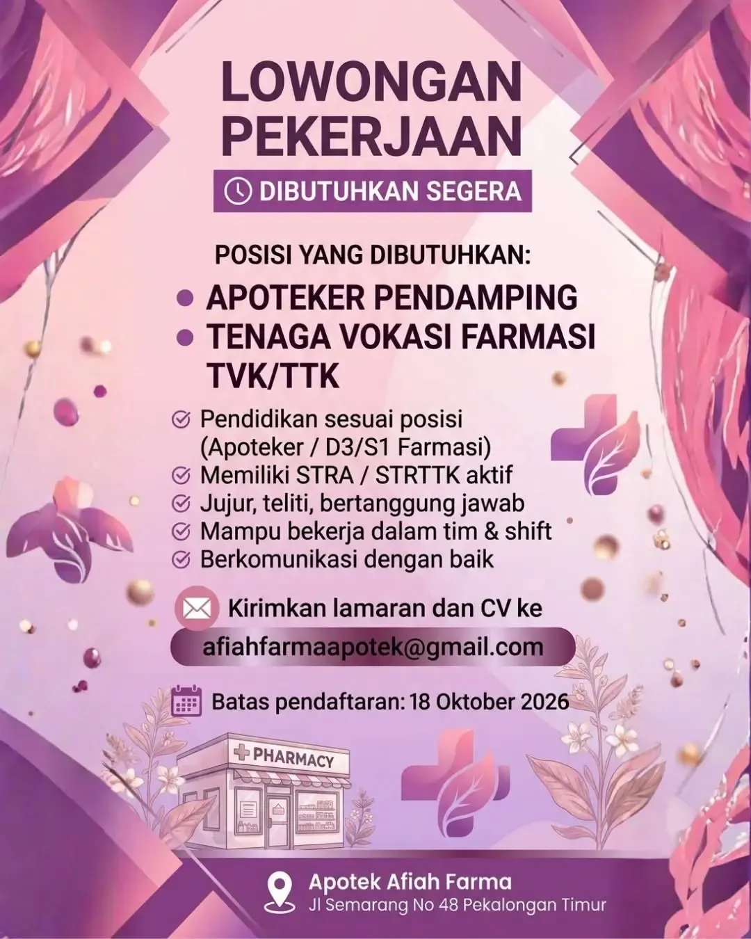 Poster lowongan Apoteker Pendamping & Tenaga Vokasi Farmasi