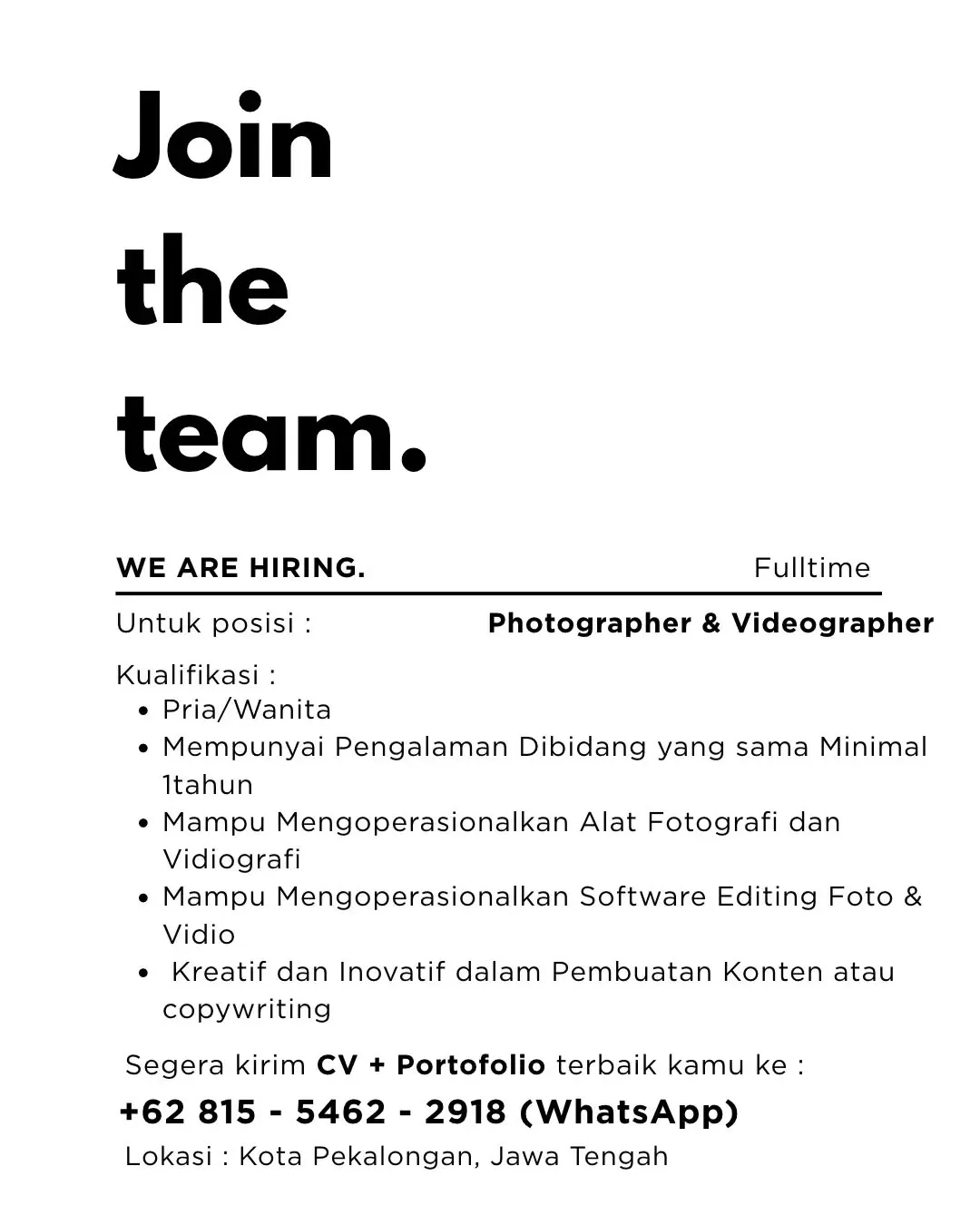 Poster lowongan Photographer & Videographer