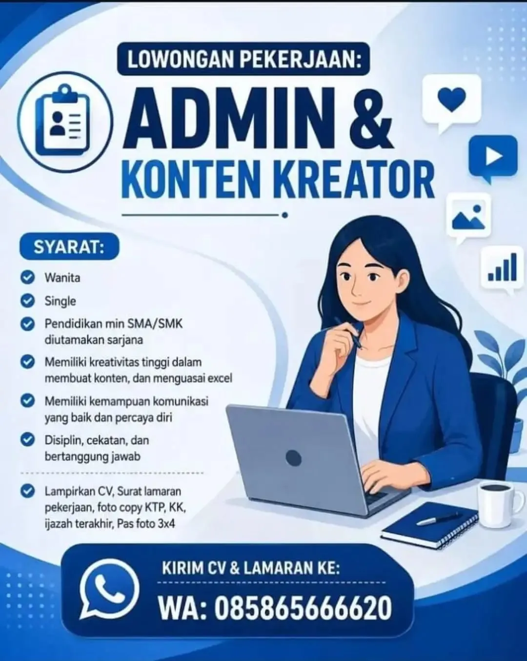 Poster lowongan Admin & Konten Kreator, Operator Cutting & Operator Sewing