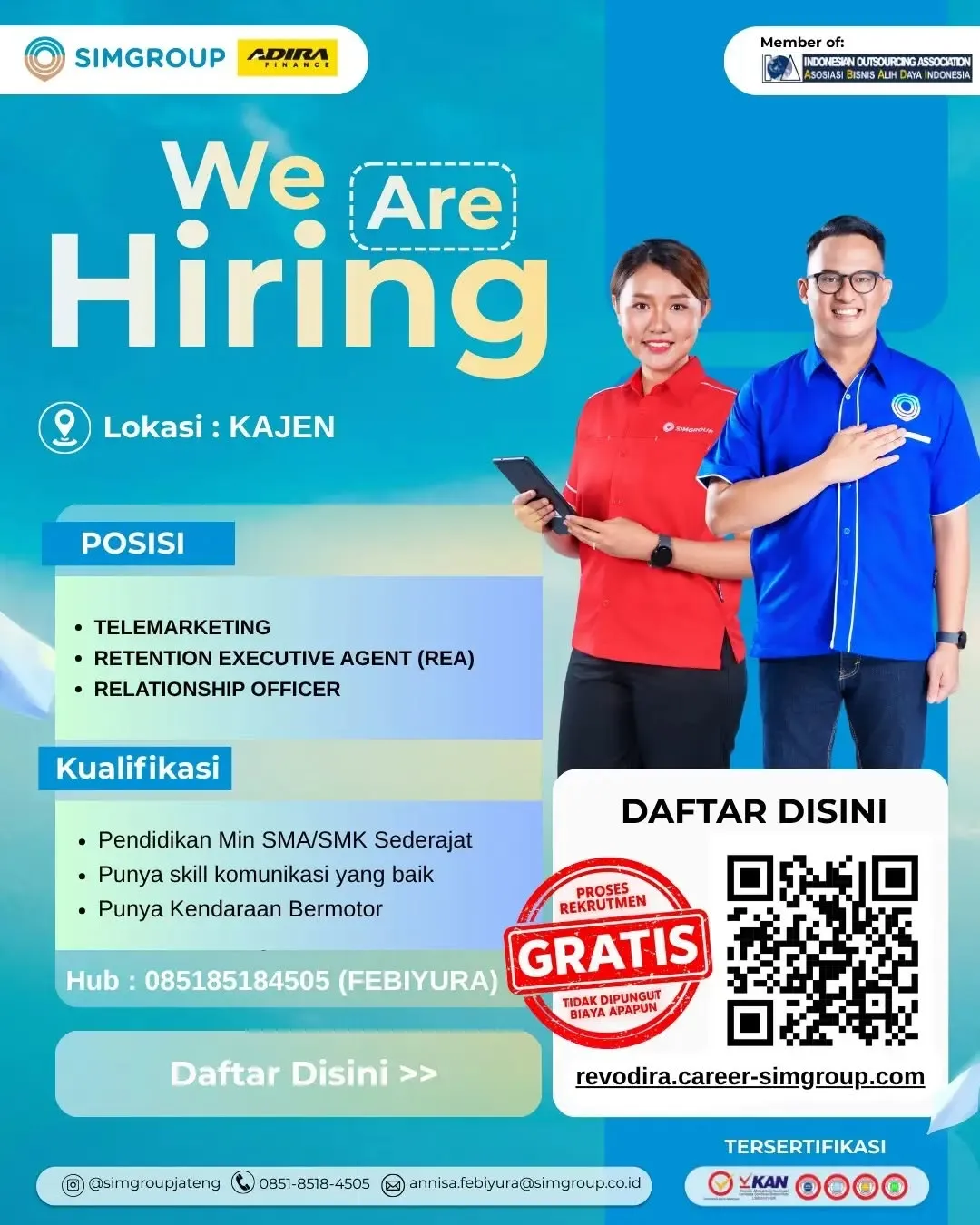 Poster lowongan Telemarketing, Retention Executive Agent & Relationship Officer