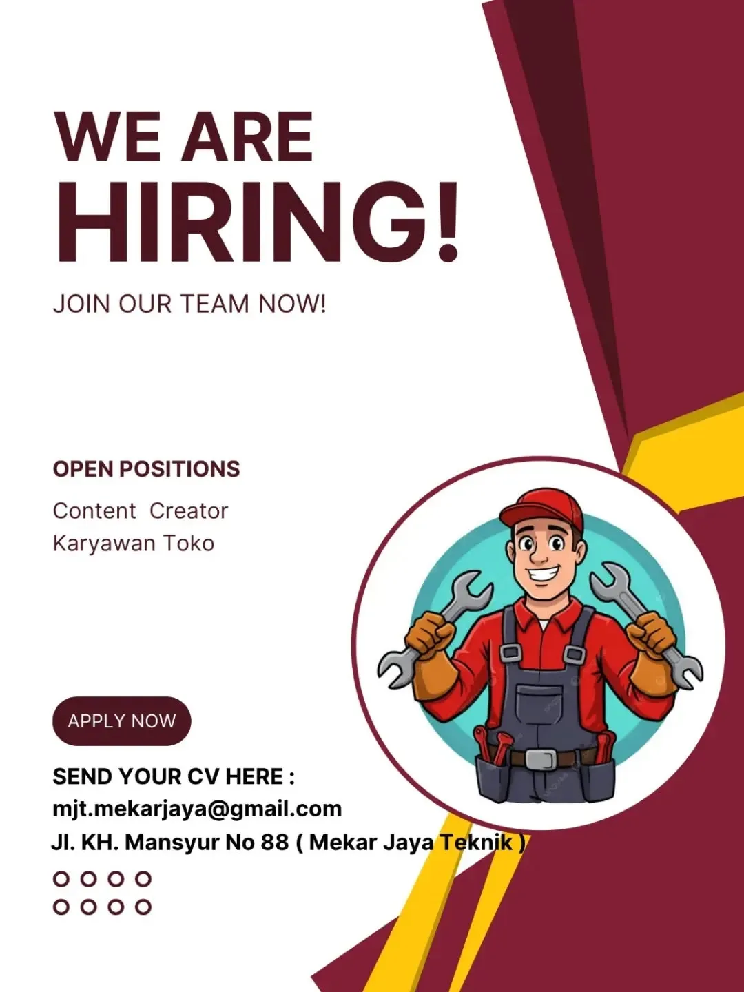 Poster lowongan Content Creator & Karyawan Toko