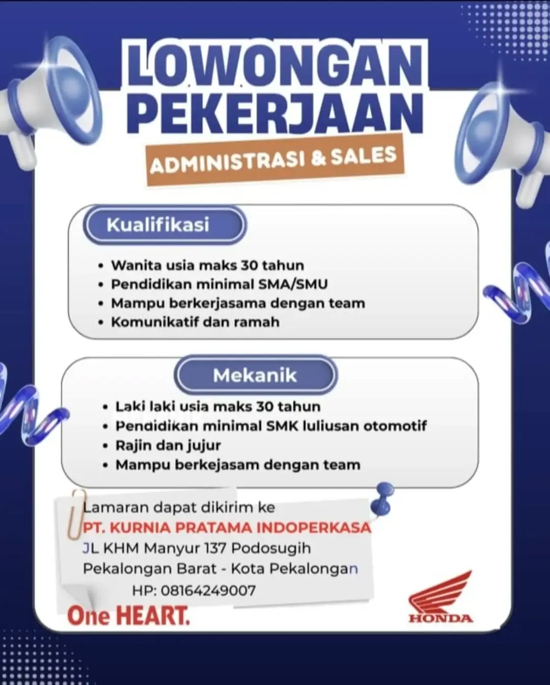 Poster lowongan Administrasi, Sales & Mekanik