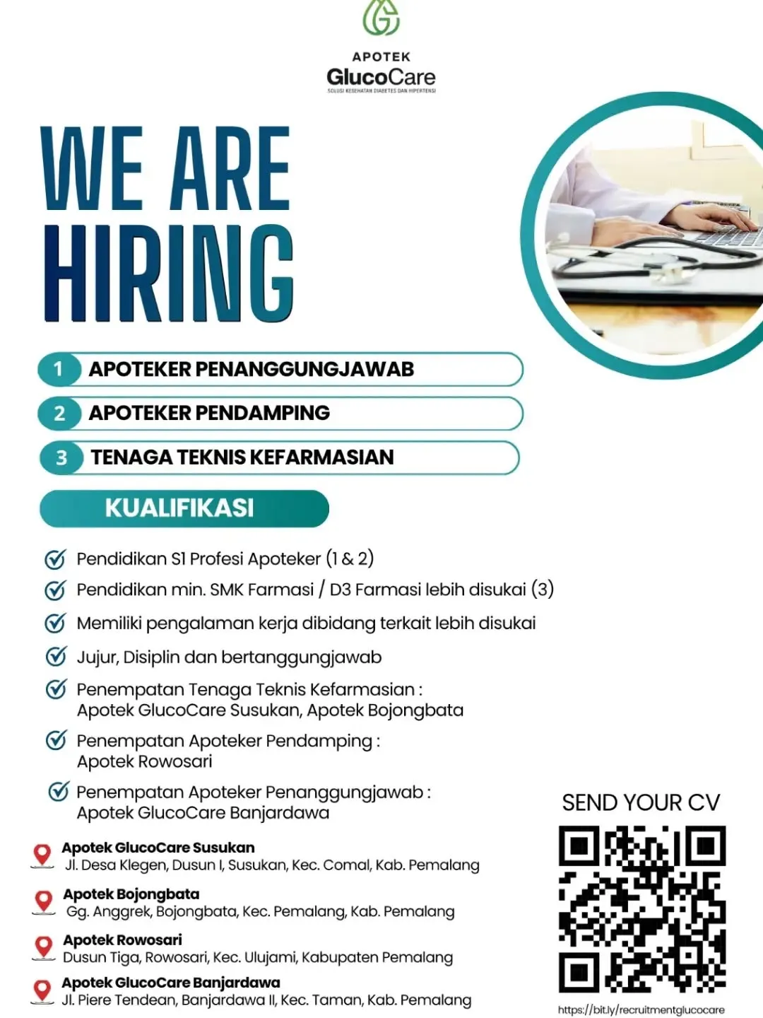 Poster lowongan Apoteker Penanggungjawab, Apoteker Pendamping & Tenaga Teknis Kefarmasian