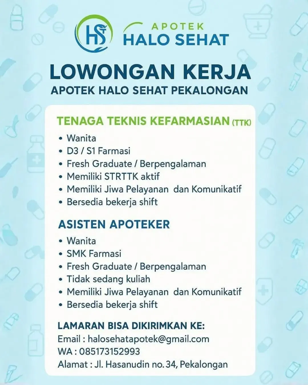 Poster lowongan Tenaga Teknis Kefarmasian & Asisten Apoteker