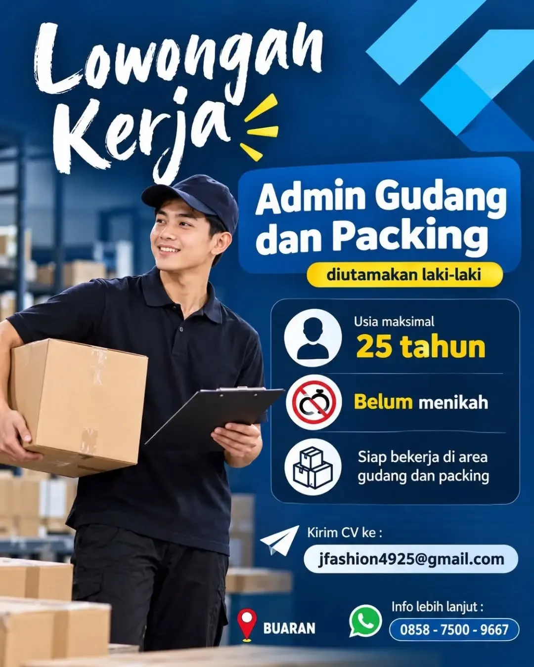 Poster lowongan Admin Gudang & Packing