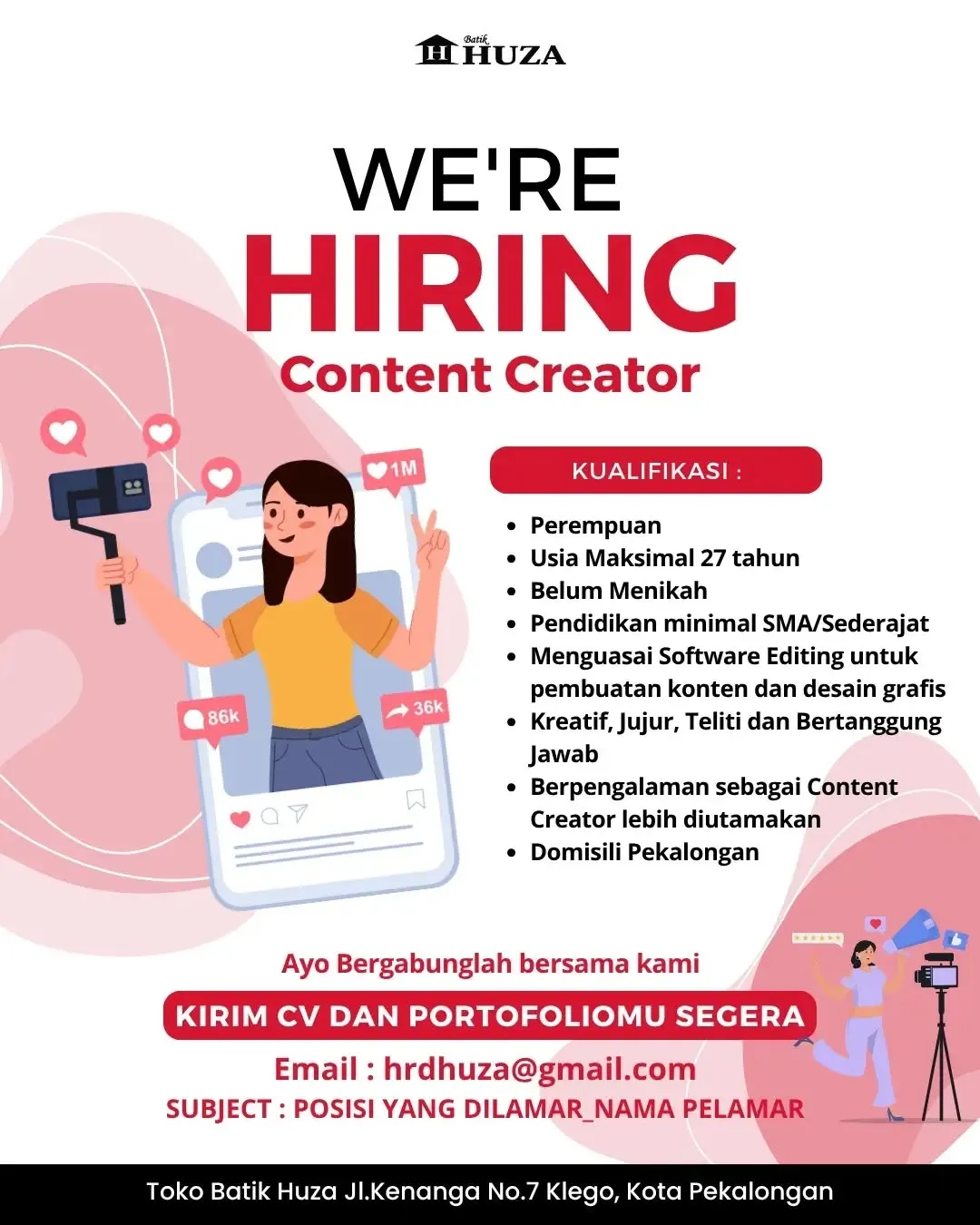 Poster lowongan Content Creator & Admin Online