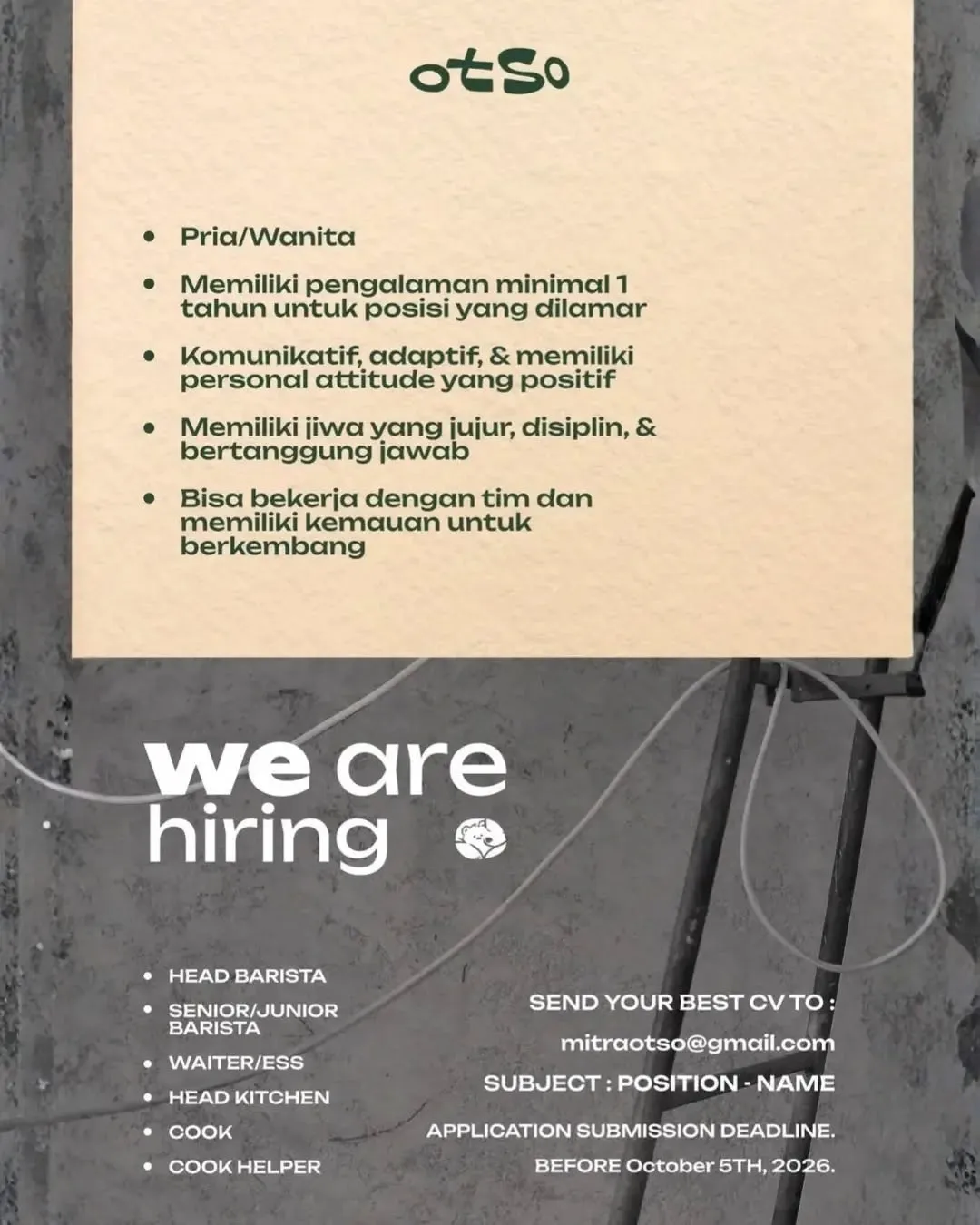 Poster lowongan Head Barista, Senior/Junior Barista, Waiter/ess, Head Kitchen, Cook & Cook Helper