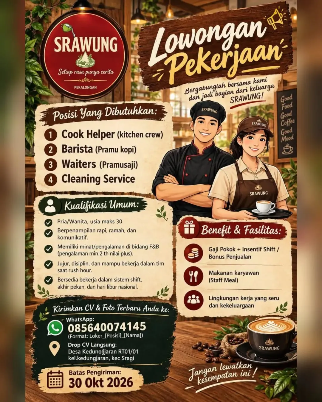 Poster lowongan Cook Helper, Barista, Waiters & Cleaning Service