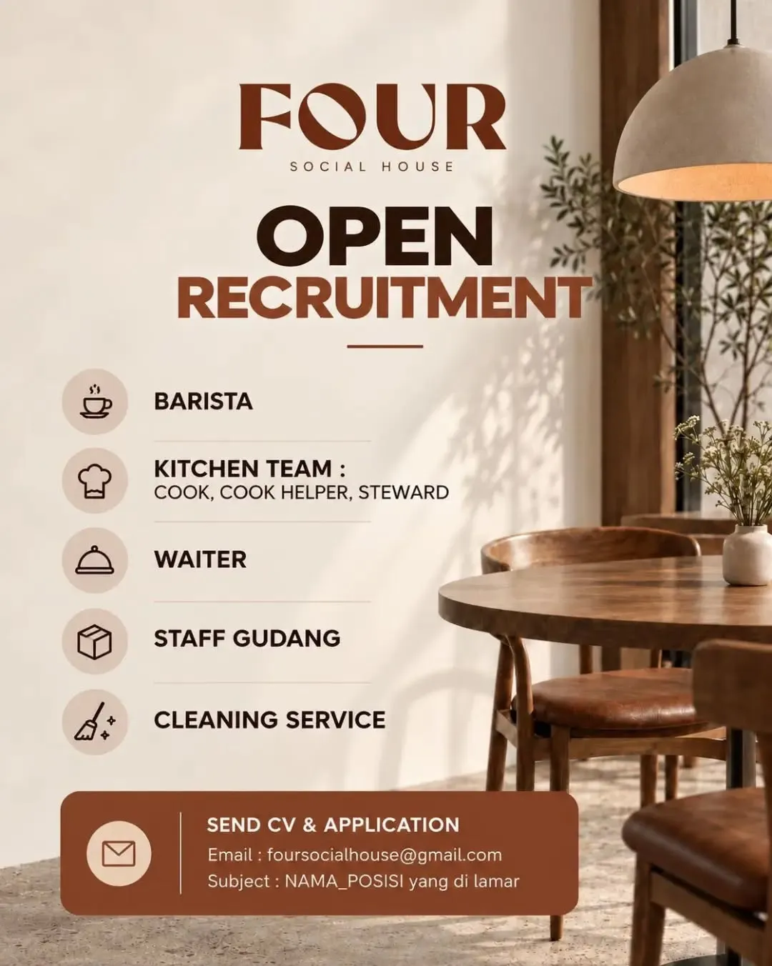 Poster lowongan Barista, Kitchen Team, Waiter, Staff Gudang & Cleaning Service