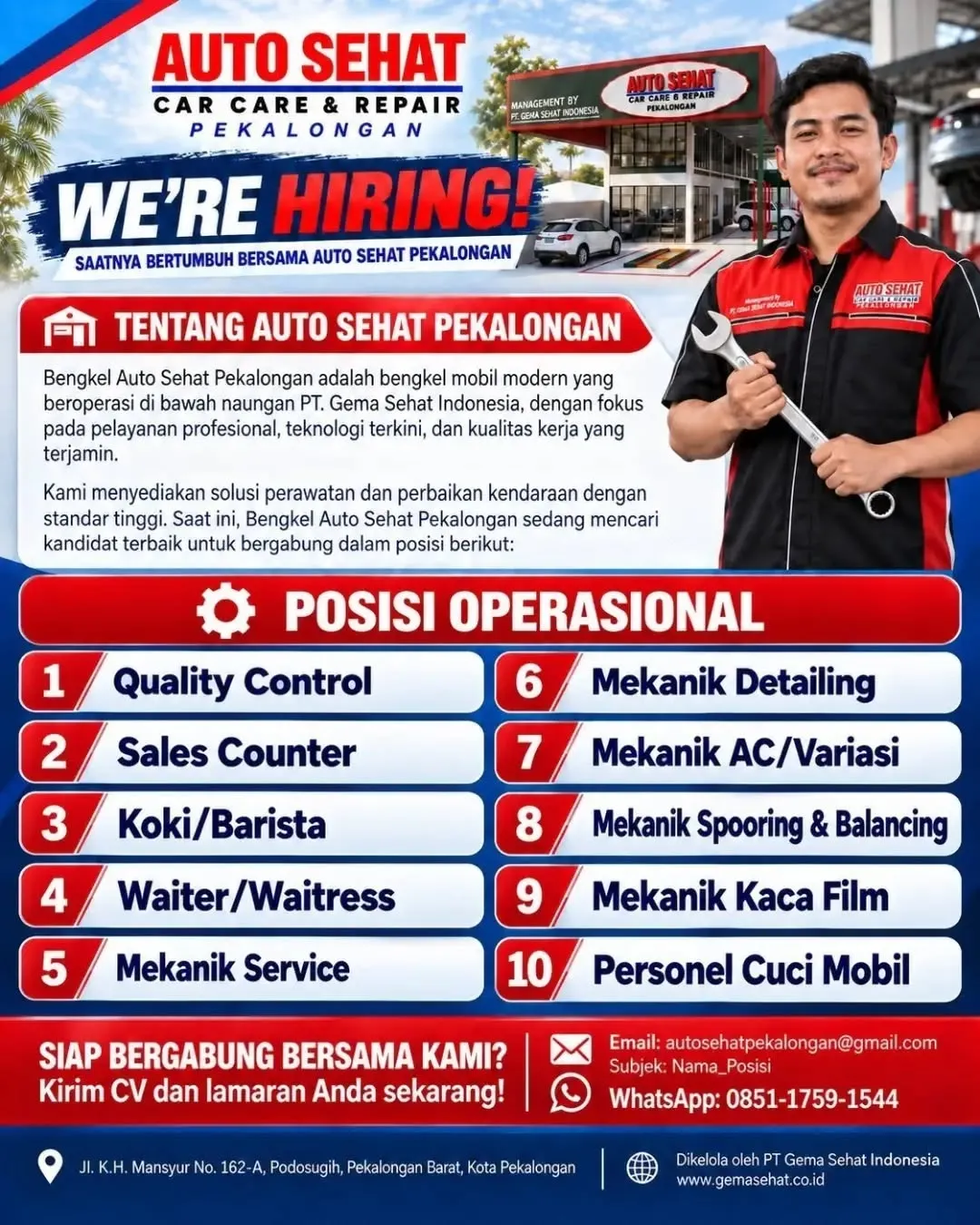 Poster lowongan Posisi Operasional (QC, Sales Counter, Koki/Barista, Waiter, Mekanik, Cuci Mobil)