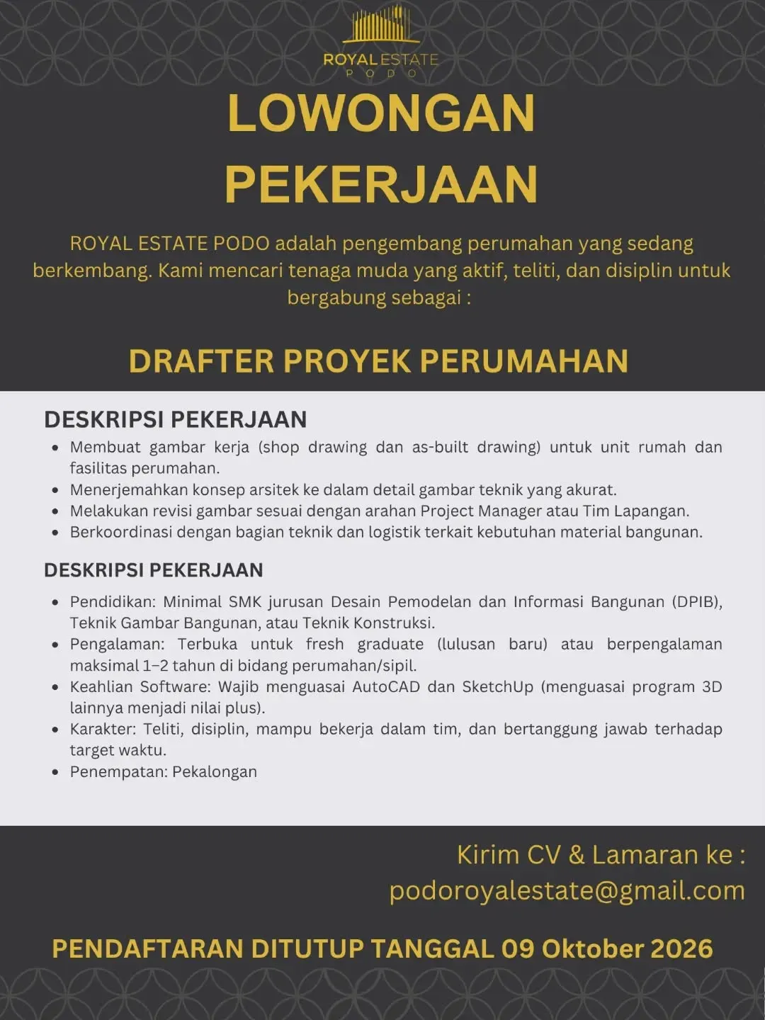 Poster lowongan Drafter Proyek Perumahan