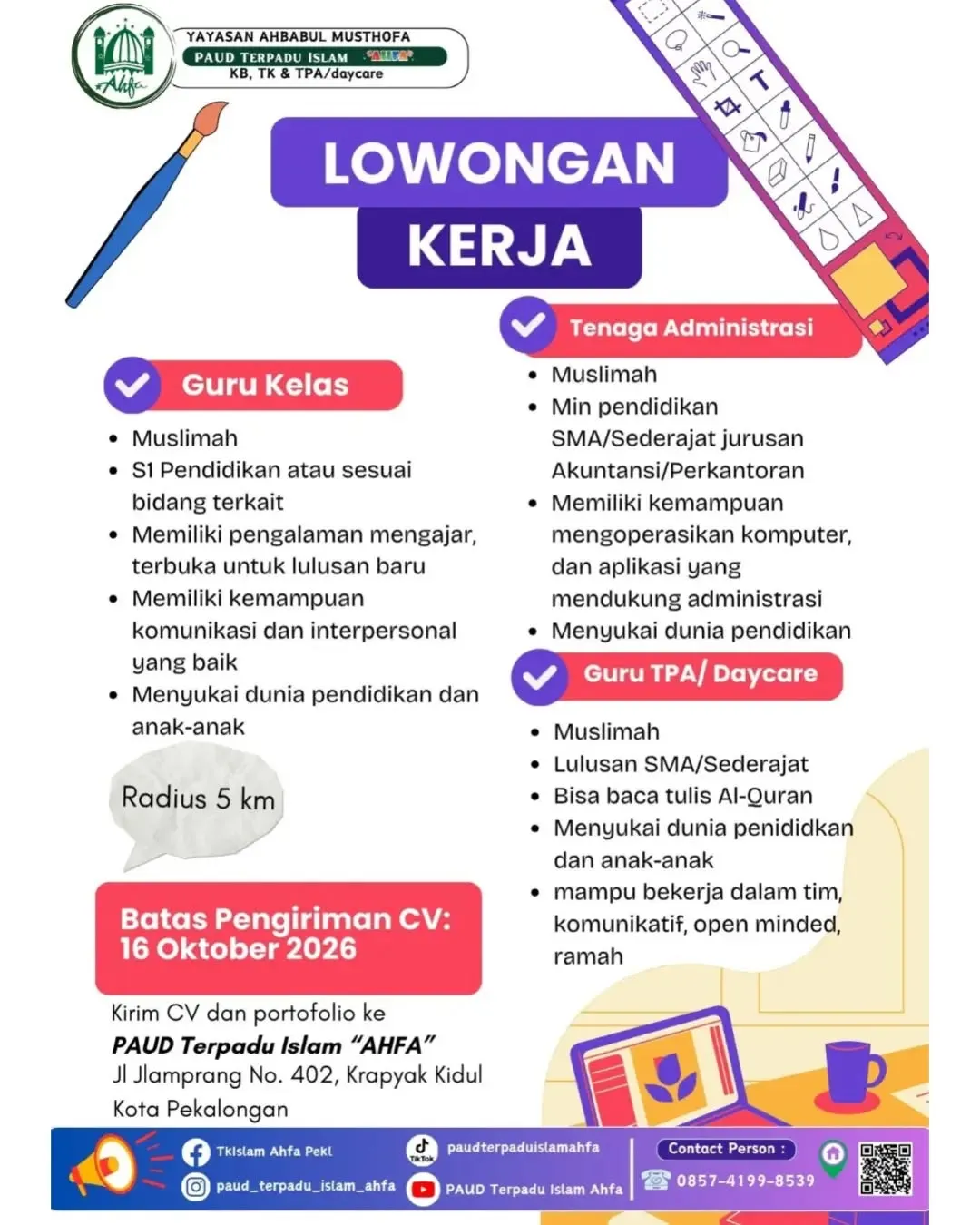 Poster lowongan Guru Kelas, Tenaga Administrasi, & Guru TPA/Daycare
