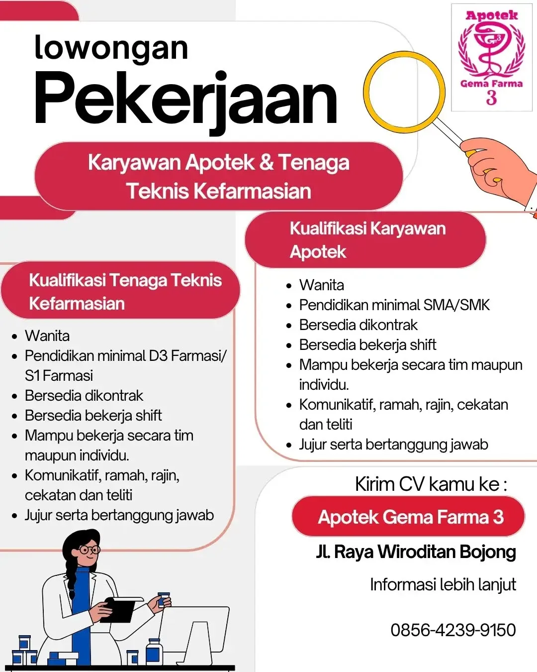 Poster lowongan Karyawan Apotek & Tenaga Teknis Kefarmasian